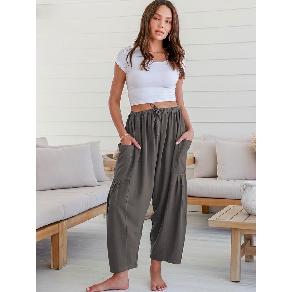 Tarse Dark Gray Linen Wide Leg Casual Harrm Pants with Pockets Size Medium